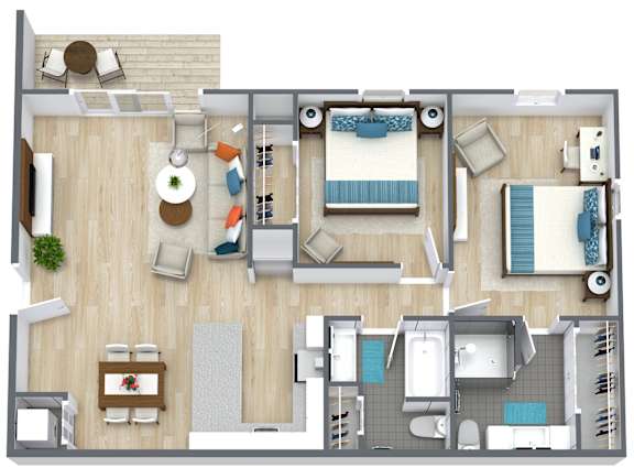 A top-down view of a house layout with a living room, kitchen, dining area, and bedrooms.
