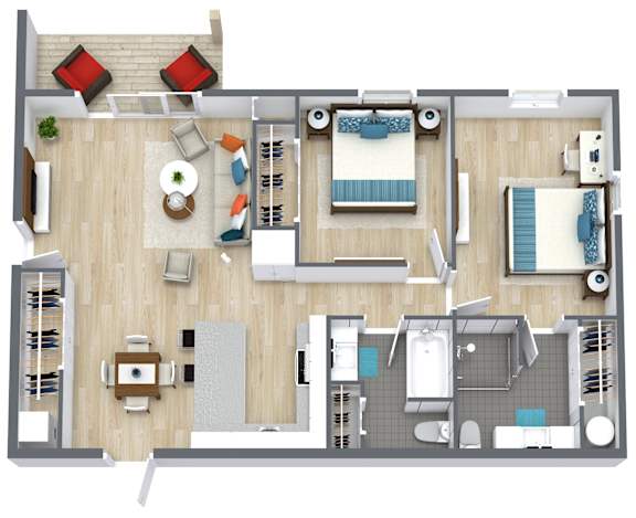 A top-down view of a house layout with a living room, kitchen, and bathroom.