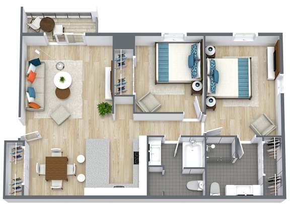 A top-down view of a well-furnished living and dining area.