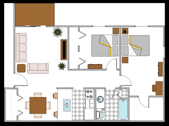 A floor plan of a house with a kitchen, living room, and bathroom.
