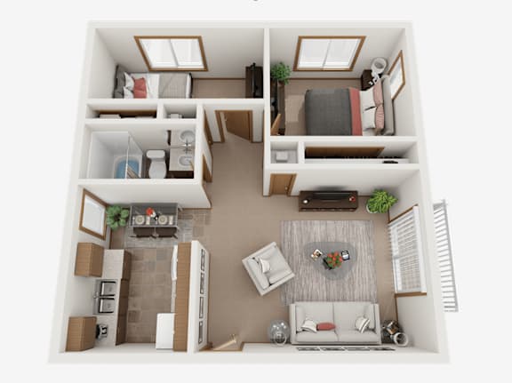 A top-down view of a small apartment with a living room, kitchen, and bedroom.