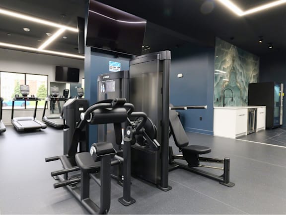 A gym with a variety of equipment including a leg press machine.