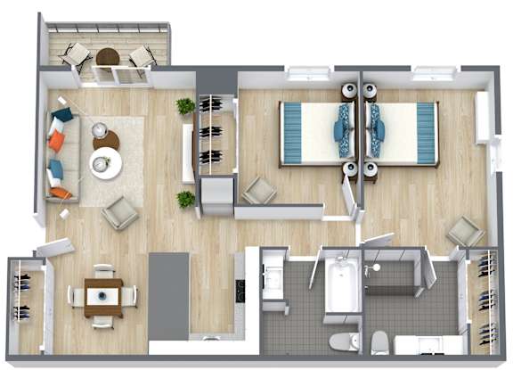 A floor plan of a house with a kitchen, living room, dining room, and bathroom.