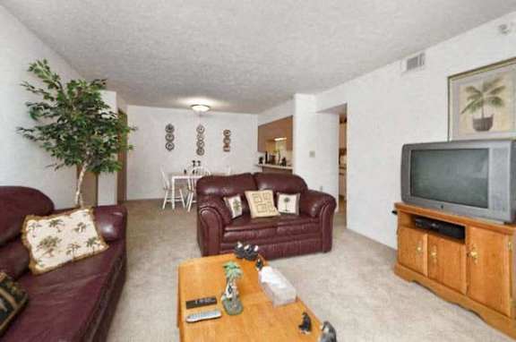 A living room with a brown couch and a wooden coffee table.