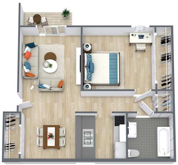 A top-down view of a small apartment with a living room, kitchen, and bathroom.