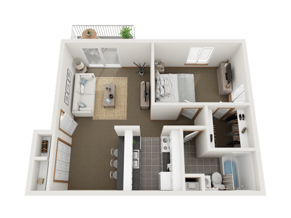 a 3d rendering of a bedroom with a bathroom and a living room
