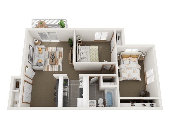 a 3d rendering of our 1 bedroom apartment at the crossings in indianapolis