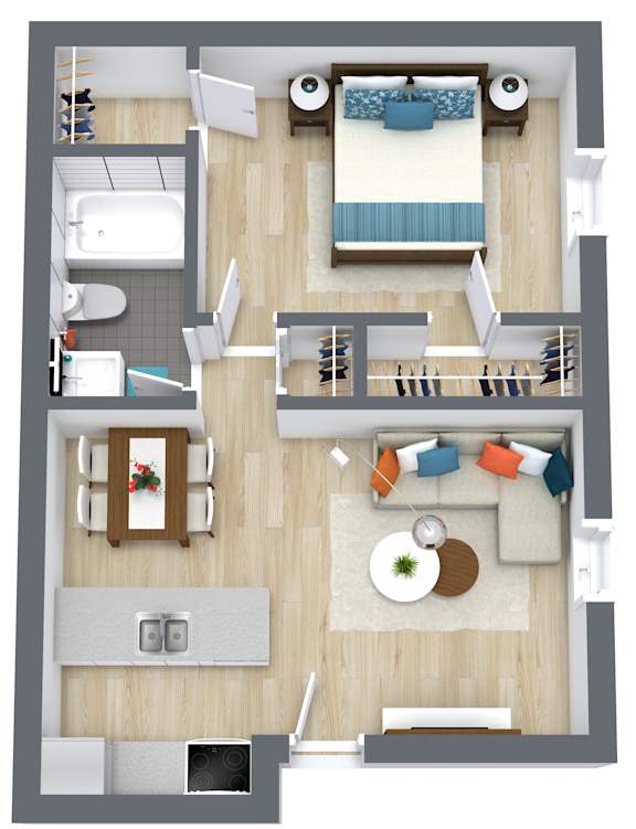 A top-down view of a living room with a couch, chairs, and a coffee table.