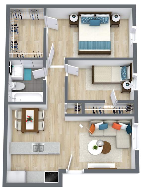A floor plan of a house with two bedrooms, a living room, a kitchen, and a bathroom.