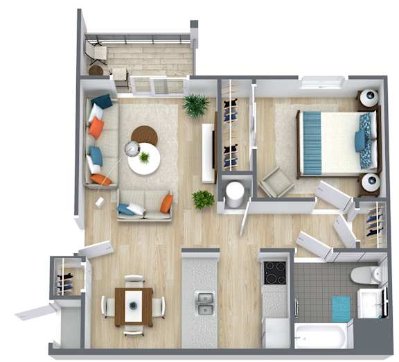 A top-down view of a small apartment with a living room, kitchen, and bathroom.
