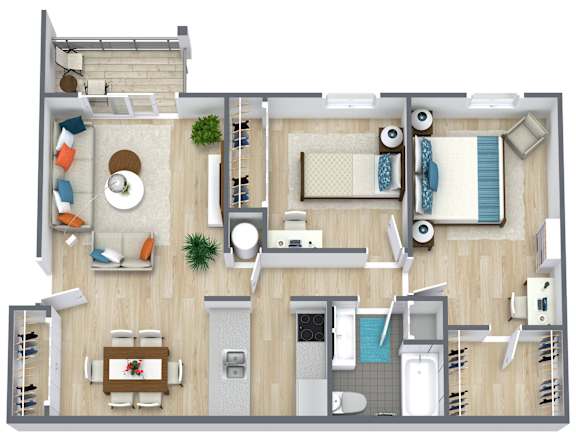 A top-down view of a small apartment with a kitchen, living room, and bathroom.