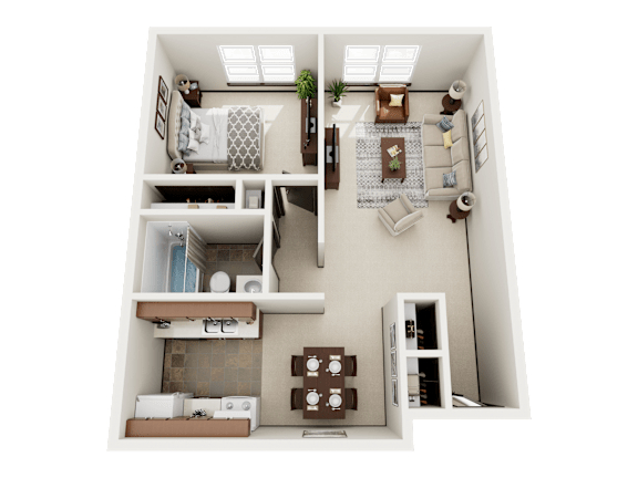 a 3d floor plan of a house with a bedroom and a living room