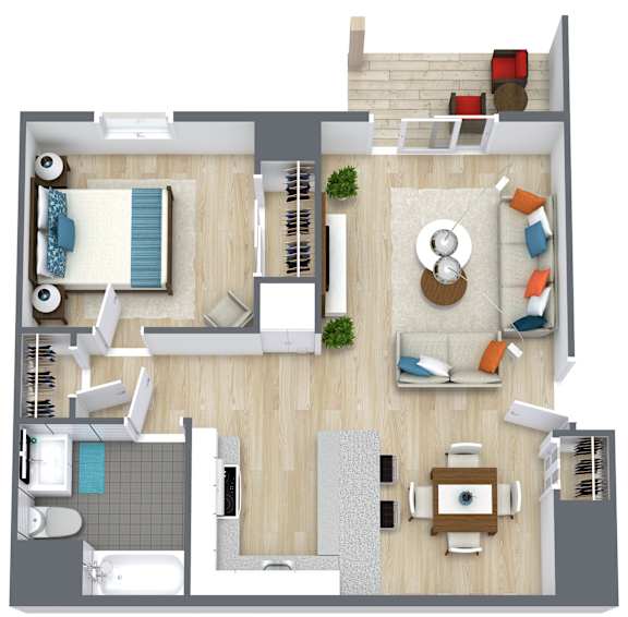 A top-down view of a modern apartment layout with a living room, kitchen, and bathroom.