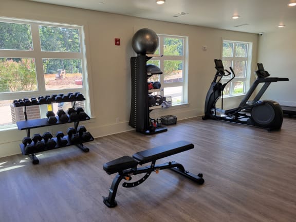 a home gym with exercise equipment and windows