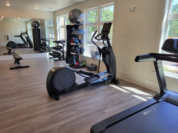 a gym with cardio machines and weights in a room with windows