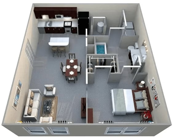 A 3D floor plan of a small apartment with a kitchen, living room, and bedroom.