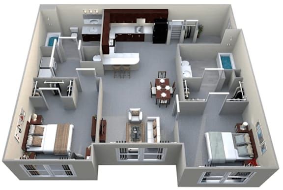 A 3D floor plan of a house with multiple rooms and furniture.