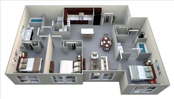 A 3D floor plan of a house with a kitchen, living room, and bedrooms.