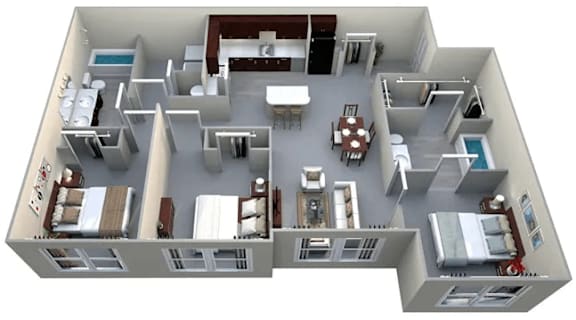 A 3D image of a house layout with a kitchen, living room, and bedrooms.