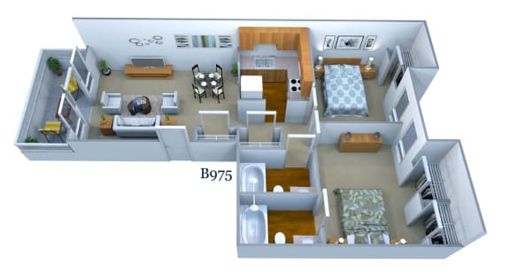 a 3d floor plan of a house with a cat in the living room