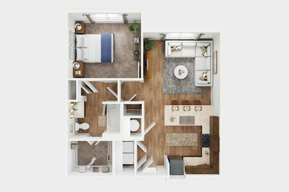 A top-down view of a small apartment with a bed, a kitchen, and a living area.