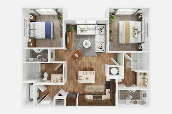 A top-down view of a well-organized bedroom, kitchen, and living room.