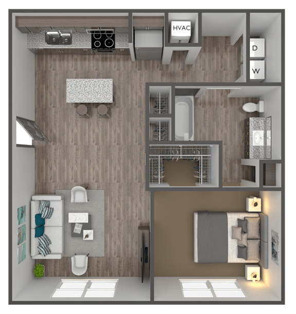 A 3D rendered image of a modern bathroom layout with a toilet, sink, shower, and bed.