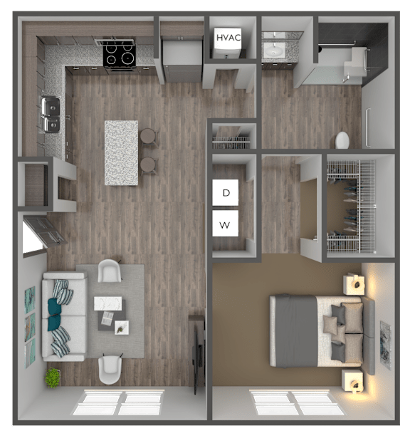 A floor plan of a small apartment with a kitchen, living room, and bedroom.