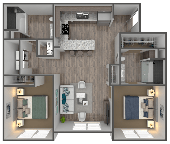 A 3D floor plan of a small apartment with two bedrooms, a living room, and a kitchen.