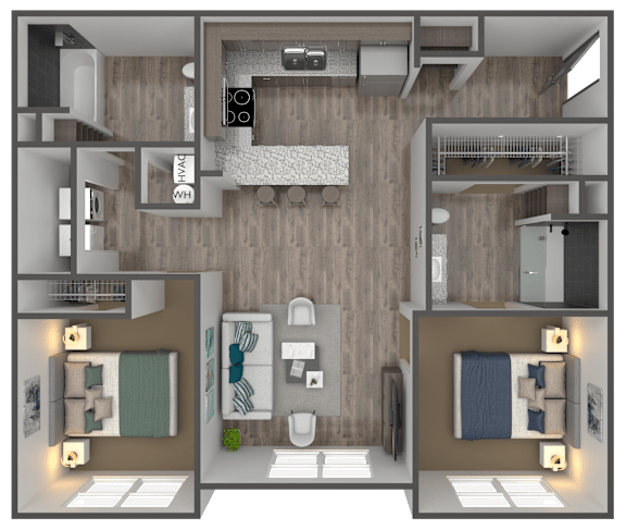 A 3D floor plan of a small apartment with two bedrooms, a living room, and a kitchen.