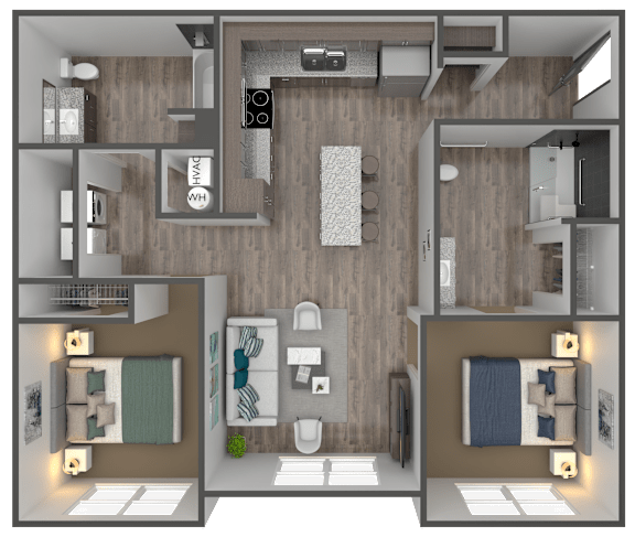 A 3D floor plan of a small apartment with two bedrooms, a living room, a kitchen, and a bathroom.