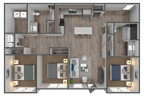 A 3D floor plan of a house showing the layout of the rooms.