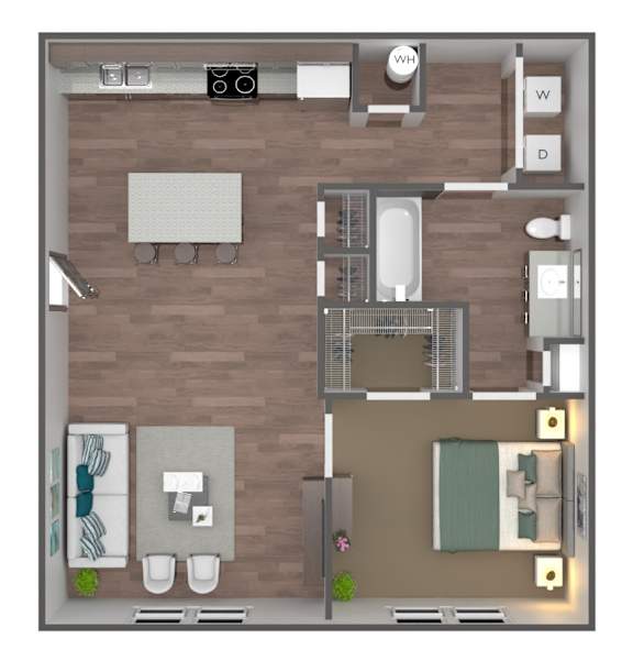 A top-down view of a small apartment with a bedroom, living room, and bathroom.