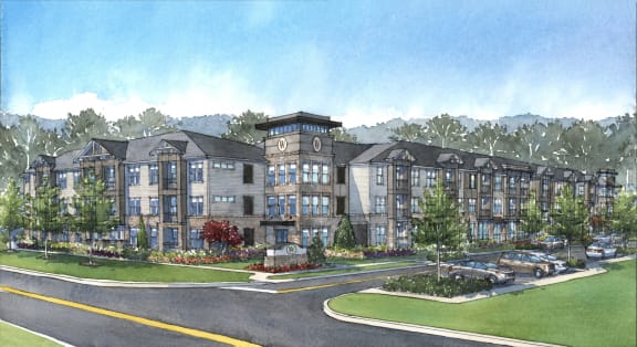 a rendering of a large apartment building with cars parked outside