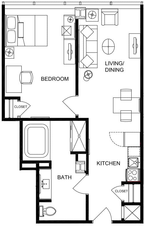 a floor plan of a small house with a kitchen and a living room