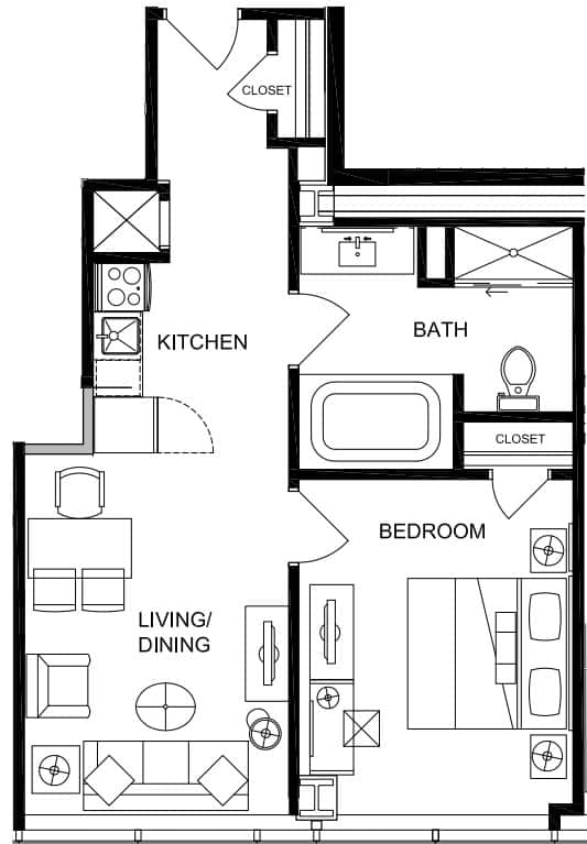 a floor plan of a small house with a kitchen and a living room
