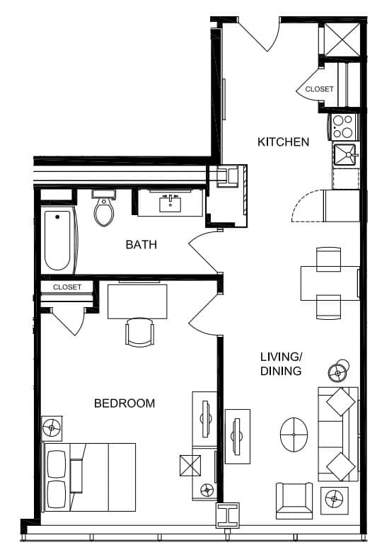a floor plan of a small house with a bedroom and a bathroom