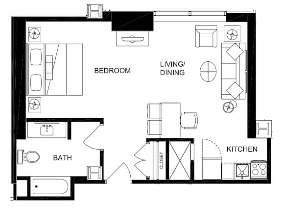 A black and white image of a floor plan for a home with labeled rooms.