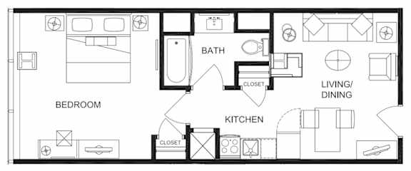 A black and white image of a floor plan for a house with a bedroom, kitchen, living/dining area, and bathroom.