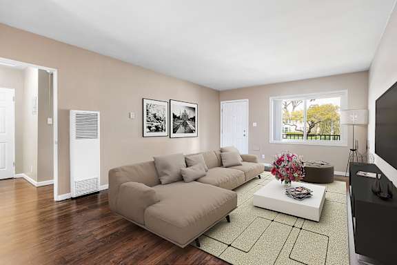 Virtually staged living room at Gloria Homes Apartments, California