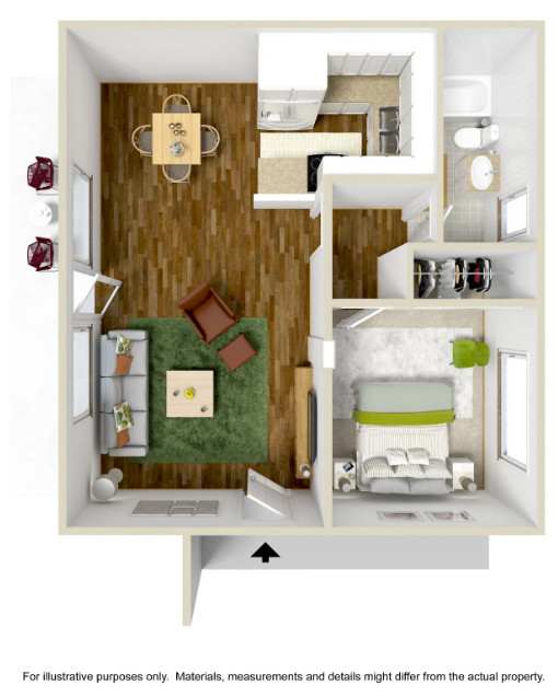 a 3d drawing of a bedroom with a bathroom and a living room