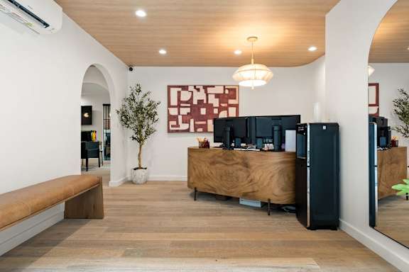 A reception area with a wooden desk and a potted plant.
