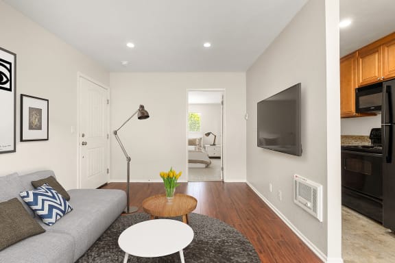 a living room with a couch and a coffee table