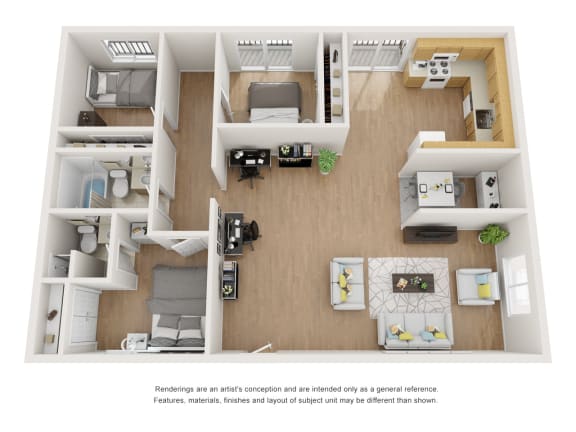 3 Bed 2 Bath Floor Plan 3 Bed 2 Bath Floor Plan at Kling Trio Apartments, Valley Village, CA, 91607