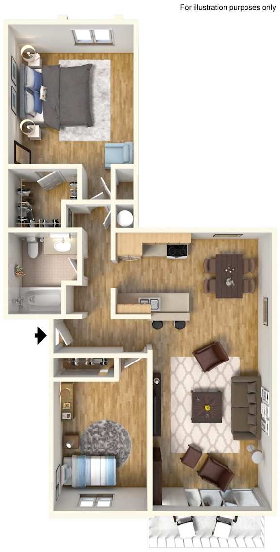 Floor Plan  A floor plan of a small apartment with a kitchen, living room, and bedroom.