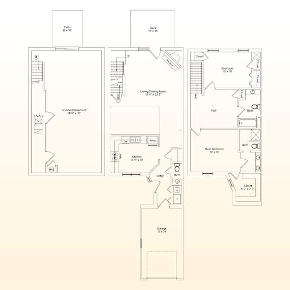 A floor plan of a house with a garage, main floor, and a second floor.