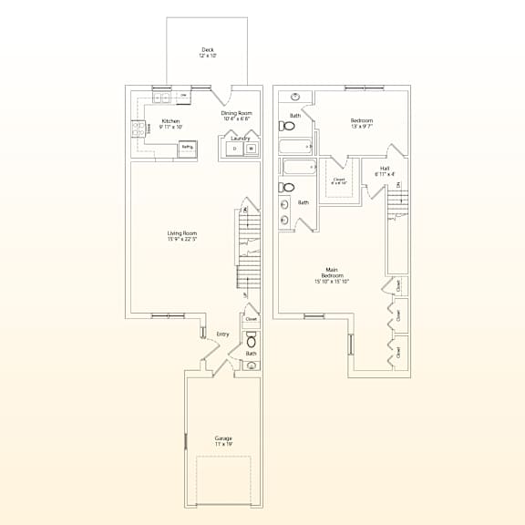 A floor plan of a house with a deck, two bathrooms, a laundry room, a living room, a dining room, a kitchen, a garage, and a main room.