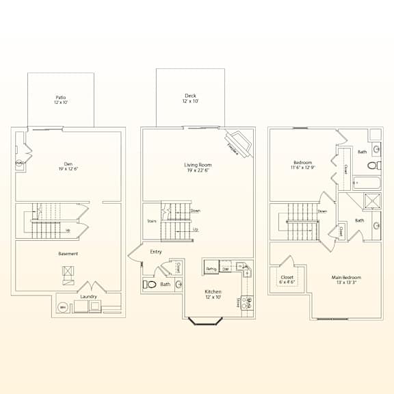 A floor plan of a house with a living room, two bedrooms, a bathroom, a laundry area, and a patio.