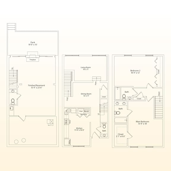 A floor plan of a house with a deck, living room, dining room, kitchen, and two bathrooms.