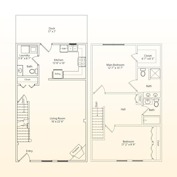 A floor plan of a two-story house with a living room, kitchen, two bedrooms, and a bathroom.
